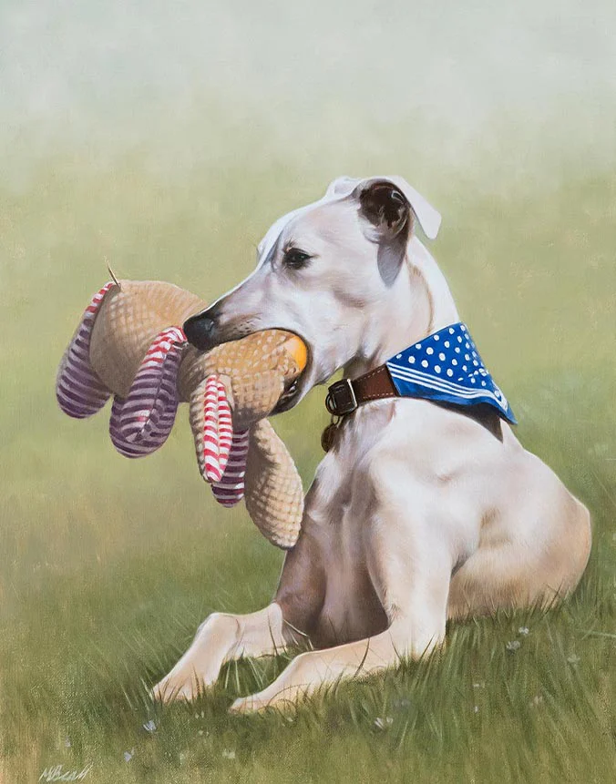 Oil painting of Monty, a graceful Whippet, captured in motion by Nicholas Beall.