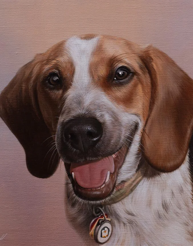 Oil portrait of Joey, a curious Beagle dog, with detailed fur and expressive eyes.