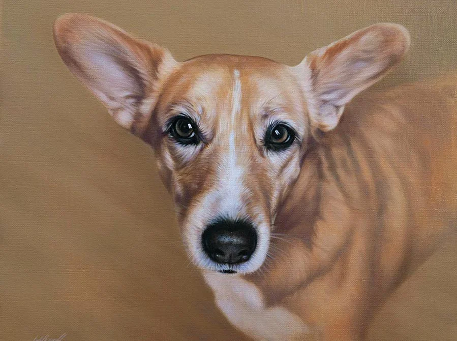 A realistic oil portrait of Bella, a dog with striking fur details, by Nicholas Beall.