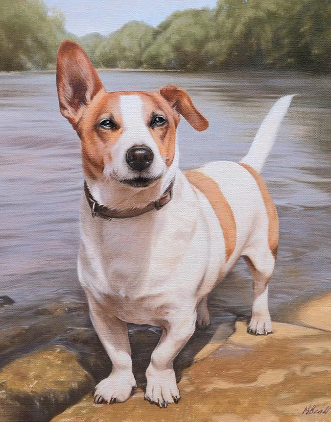 Detailed oil portrait of Toby, a friendly brown dog with bright, intelligent eyes.