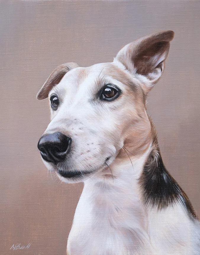 Realistic oil portrait of Wilson, a handsome dog, with lifelike detail by Nicholas Beall.