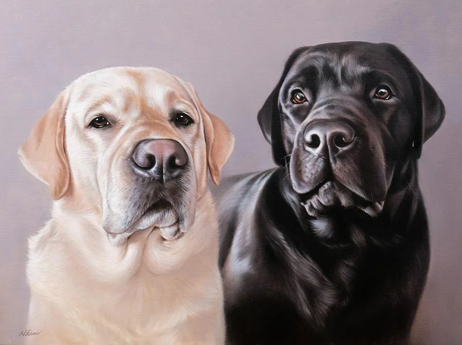 Oil portrait of two black Labradors, Monty and Ozzy, showcasing their bond.