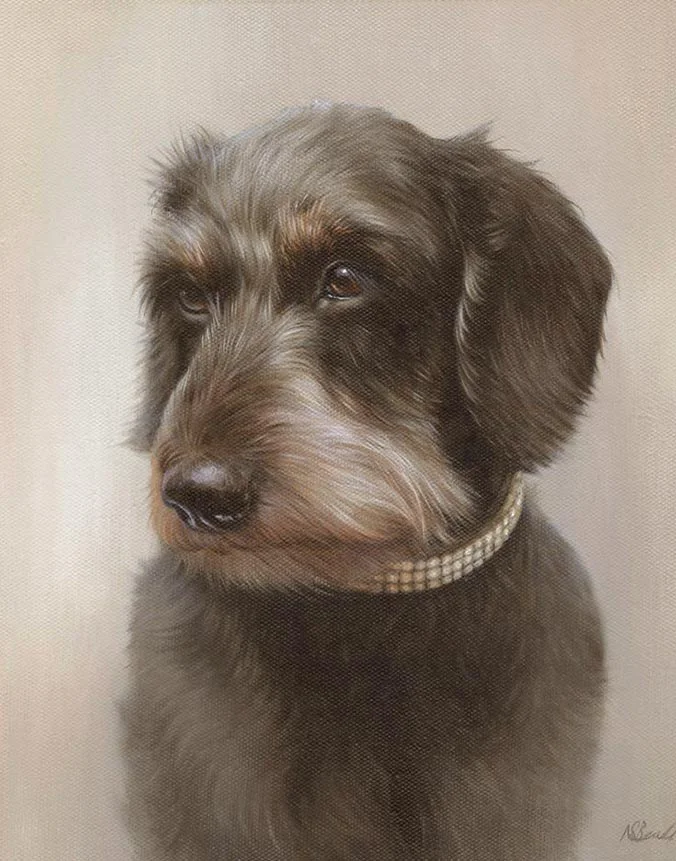 Oil portrait of Lilly, a lovely dog with a soft gaze, by Nicholas Beall.