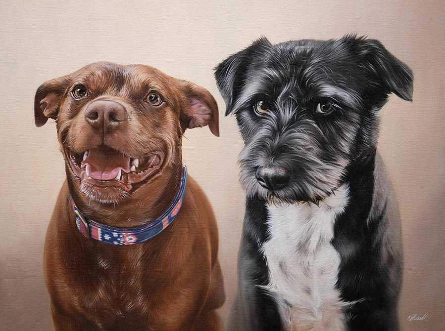 An oil painting capturing the personalities of Shadow and Moose, two dogs, by Nicholas Beall.
