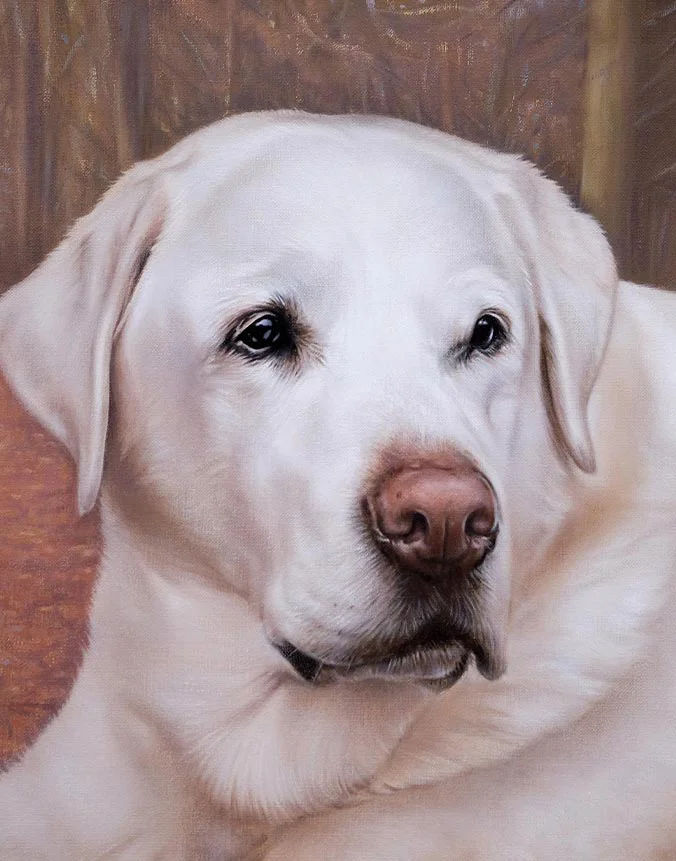 Beautiful oil painting of Alfie, a Labrador, depicted in a warm, autumnal setting.