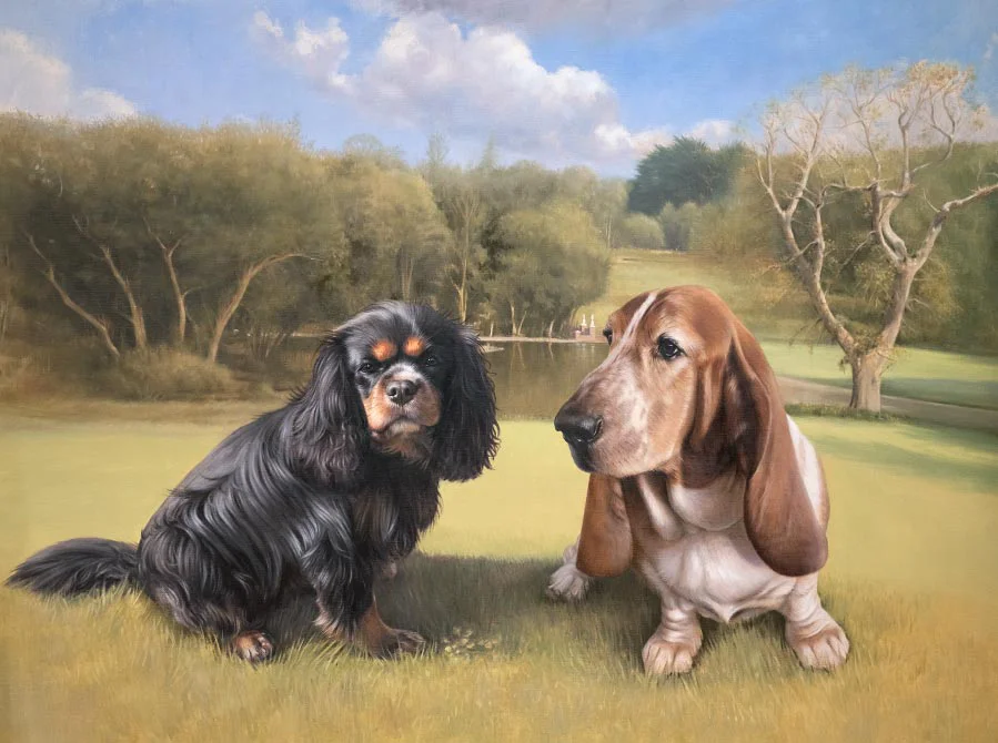 Oil painting of Bilbo and Mr. Kipling, two dogs enjoying a garden setting, by Nicholas Beall.