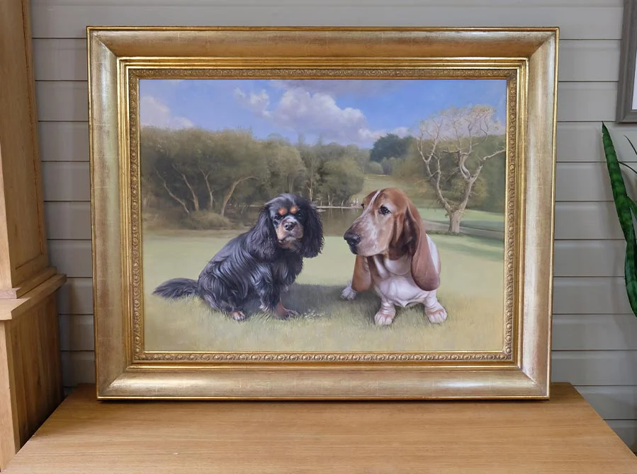 Large Garden Dog Painting – Framed and Displayed Large garden dog painting of Bilbo and Mr Kipling, now framed and beautifully displayed.