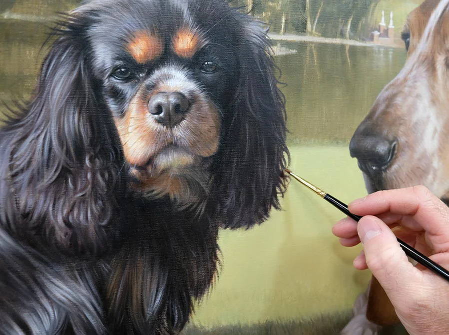 Final brushwork on Dogs in Landscape Portrait Fine details and textures on the two dogs, Bilbo and Mr Kipling, in their landscape portrait, showing the final brushwork.