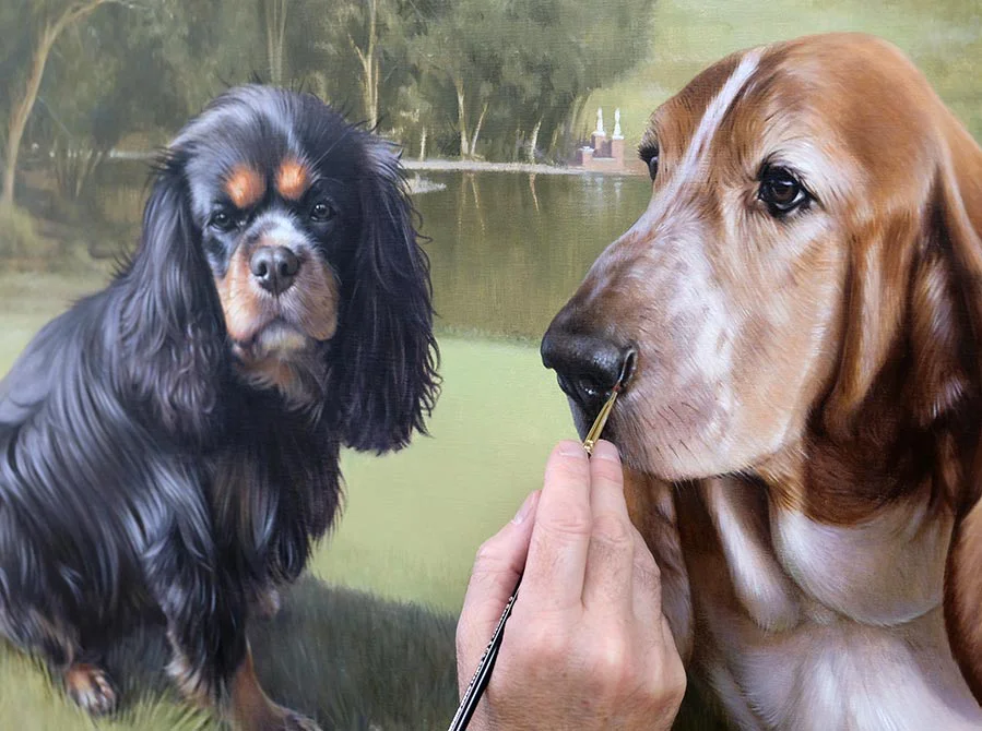 Large Garden Dog Painting – Intricate Details Another close-up progress shot of the large garden dog painting of Bilbo and Mr Kipling, highlighting intricate elements.