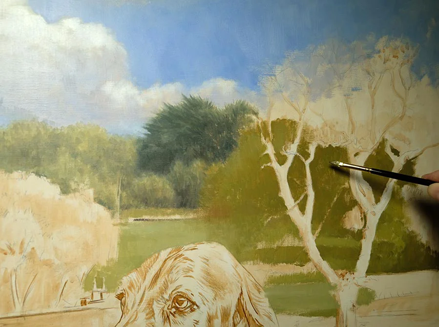 Large Oil Painting of Two Dogs – Initial Garden Layout Large oil painting of two dogs, Bilbo and Mr Kipling, showing the initial layout and background of their garden setting.
