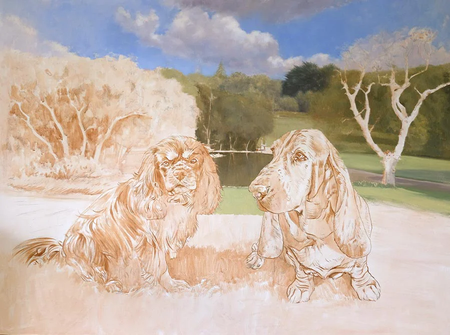 Luxury Garden Dog Portrait – Early Progress Luxury garden dog portrait of Bilbo and Mr Kipling in early progress, with base colors and forms established.