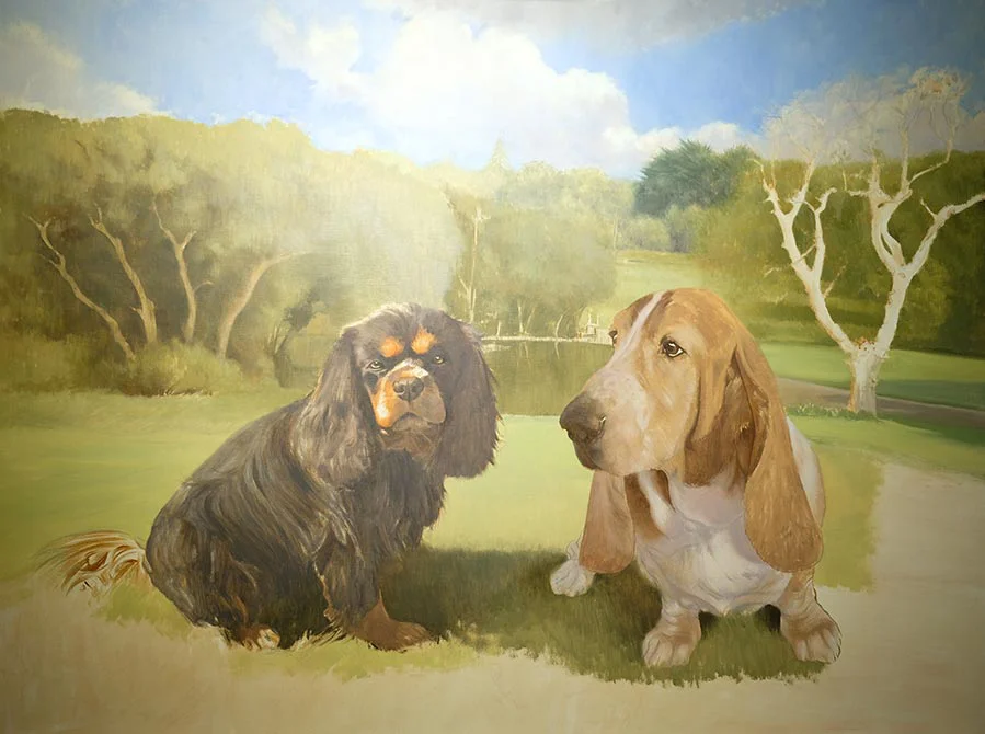 Dog Portrait in Parkland Garden – Work in Progress Dog portrait of Bilbo and Mr Kipling in a parkland garden, showing work in progress on their forms.