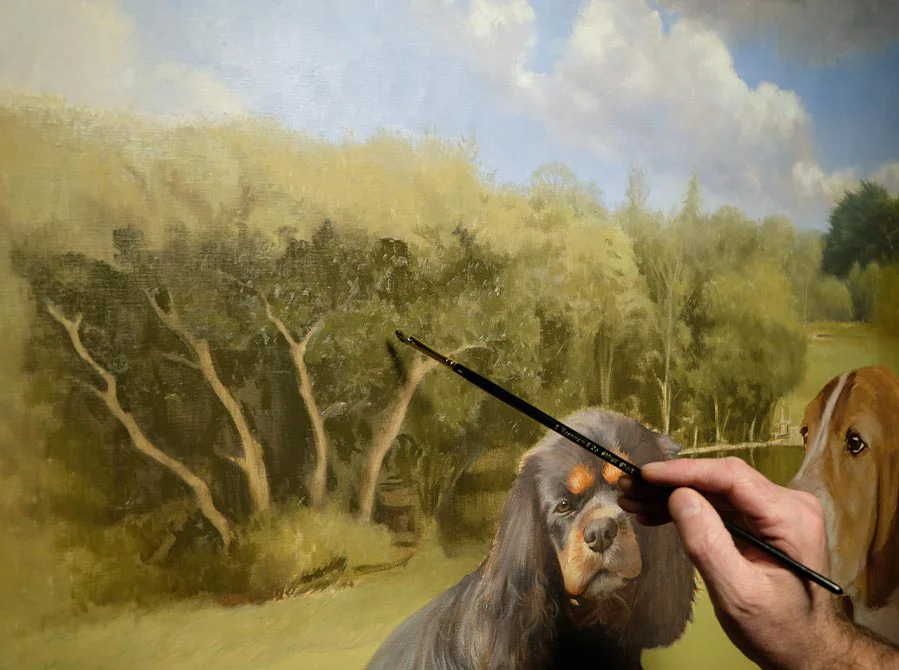 Oil Painting Progress – Two Dogs in Garden Setting Oil painting progress of two dogs, Bilbo and Mr Kipling, in their garden setting, with more details emerging.
