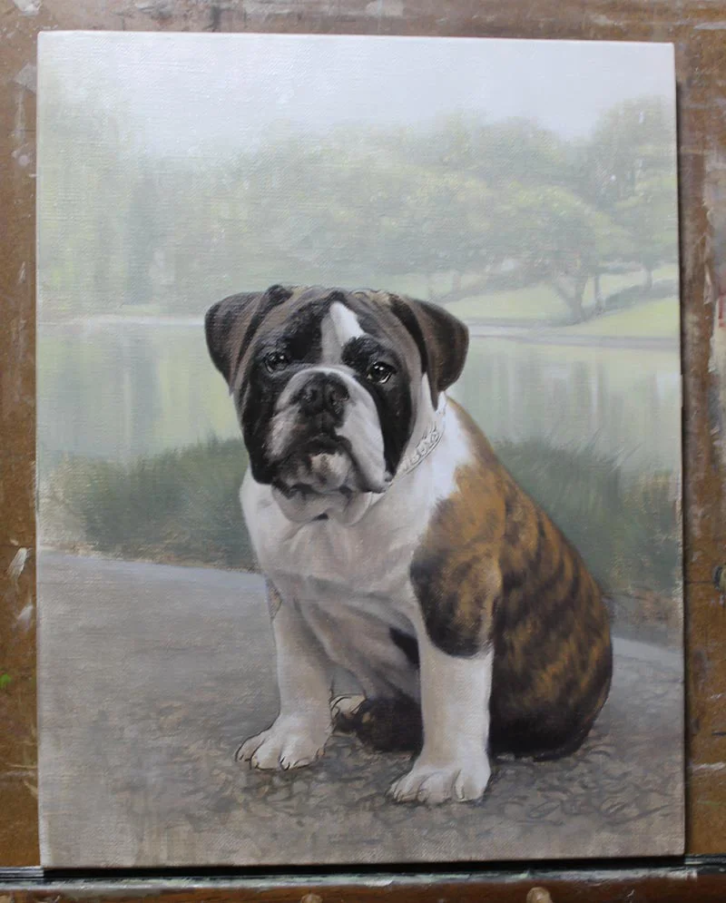 English Bulldog Portrait – Paint Detail Stage English Bulldog portrait of Otis, showing the paint detail stage with refined fur and facial features.