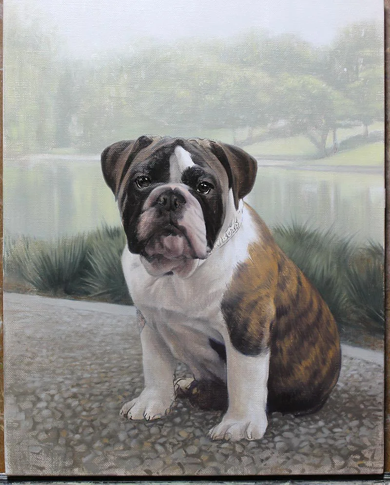 Close-Up Work – Bulldog Oil Painting Close-up work on the Bulldog oil painting of Otis, highlighting intricate brushstrokes.