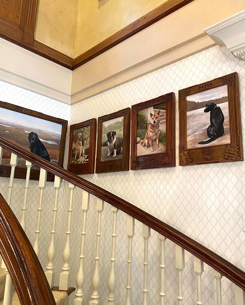 Framed Bulldog Portrait in Harlan Crow’s Home Framed oil portrait of Otis the English Bulldog displayed beautifully in Harlan Crow’s home.