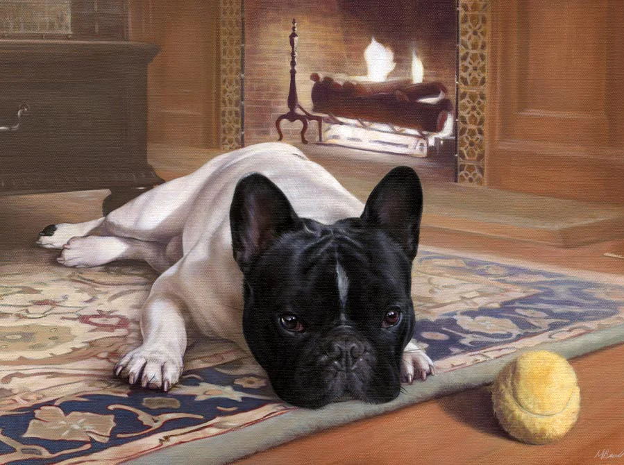 Oil painting of Agarn, a charming French Bulldog, with his distinctive features, by Nicholas Beall.