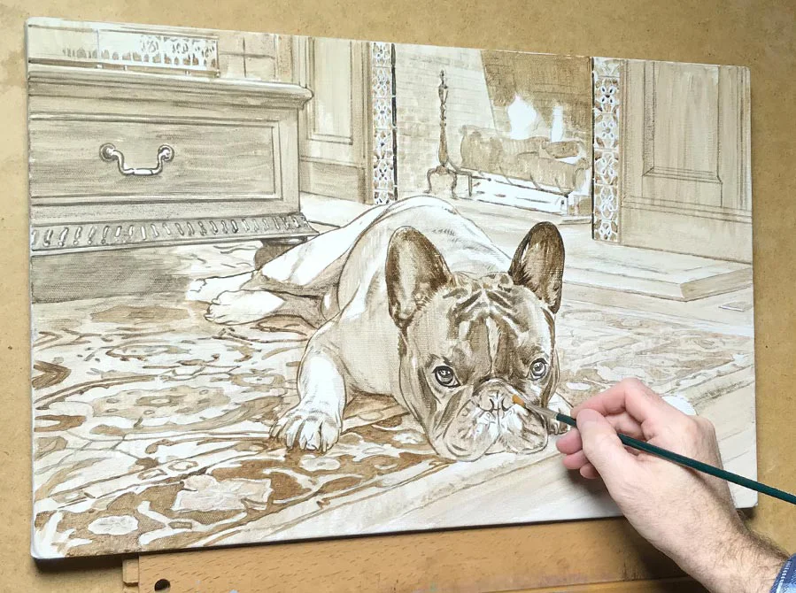 French Bulldog Portrait – Early Layers in Oils French Bulldog portrait of Agarn showing early layers in oils, establishing the composition.