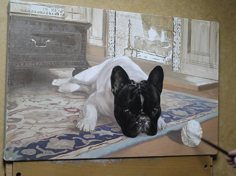 Painting in Progress – French Bulldog in Oils Painting in progress of the French Bulldog Agarn in oils, showing developing detail.