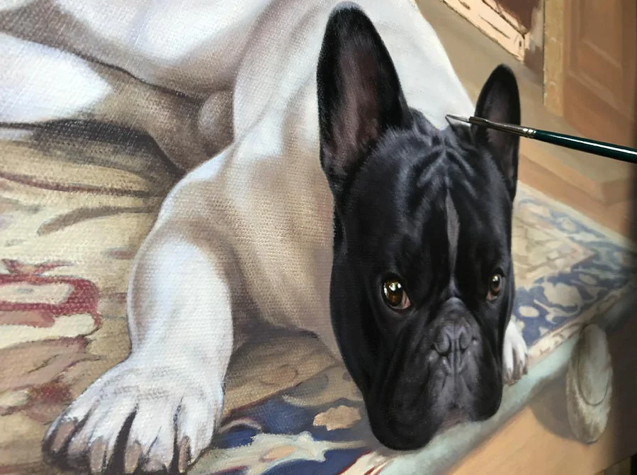 French Bulldog Oil Portrait – Final Layers French Bulldog oil portrait of Agarn in its final layers, ready for framing.