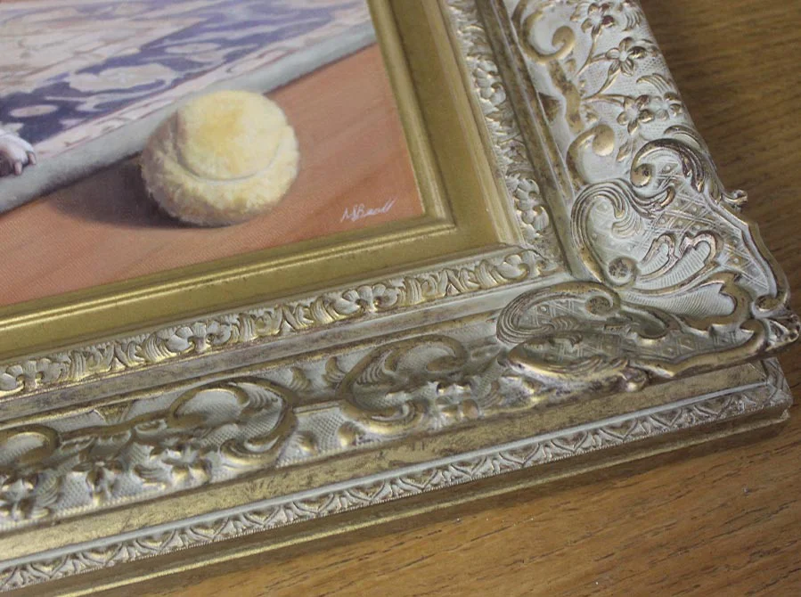 French Bulldog Portrait in Frame on Display French Bulldog portrait of Agarn in its frame, displayed on a wall.