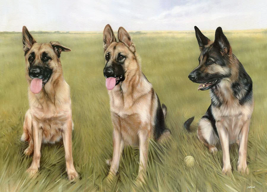 Frame Detail of German Shepherd Portrait Close-up detail of the custom frame for the German Shepherd trio oil painting.