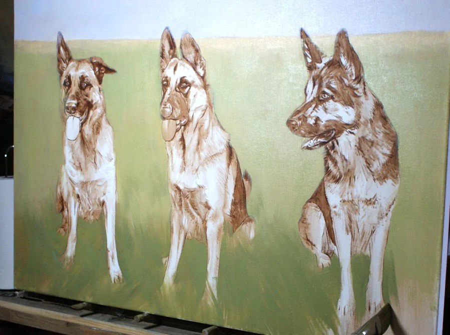Three German Shepherds – Oil Portrait WIP Three German Shepherds oil portrait in progress, showing the blending of subjects.