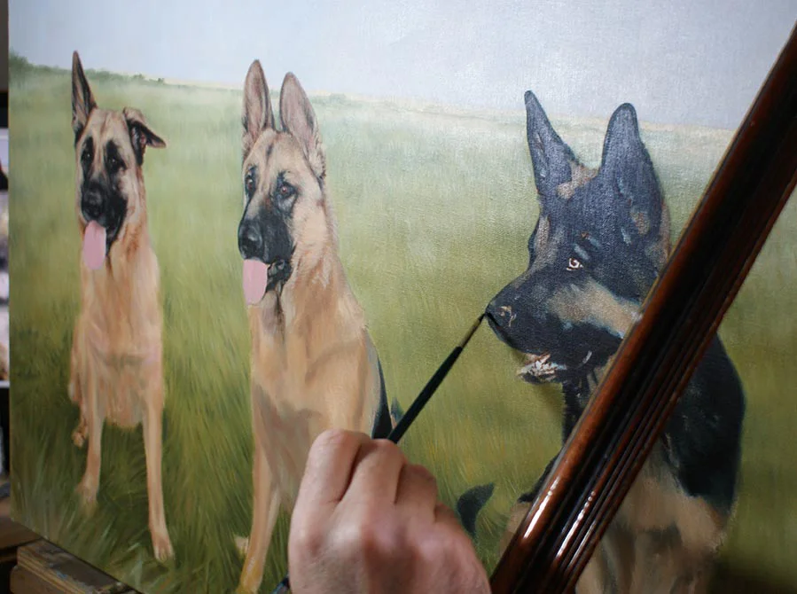 German Shepherd Oil Painting – Final Progress German Shepherd oil painting showing final progress and detailed rendering.