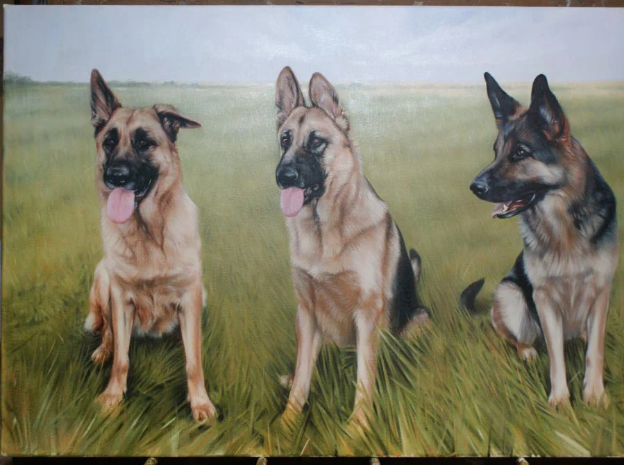 German Shepherds in Oils – Painting Detail Close-up detail of the German Shepherds in oils painting, highlighting textures and expressions.