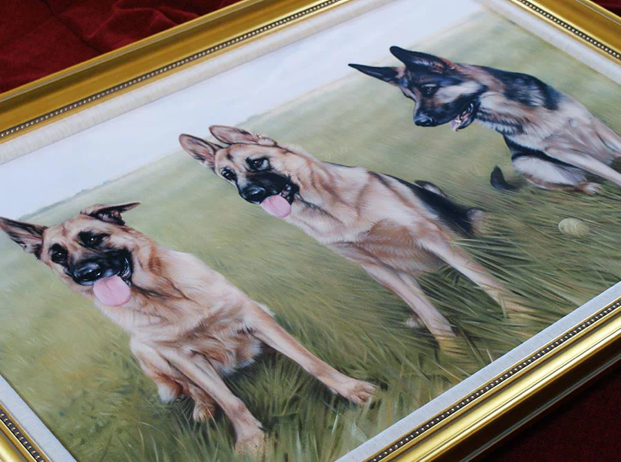 Framed Oil Portrait of Three German Shepherds Framed oil portrait of three German Shepherds, beautifully displayed.