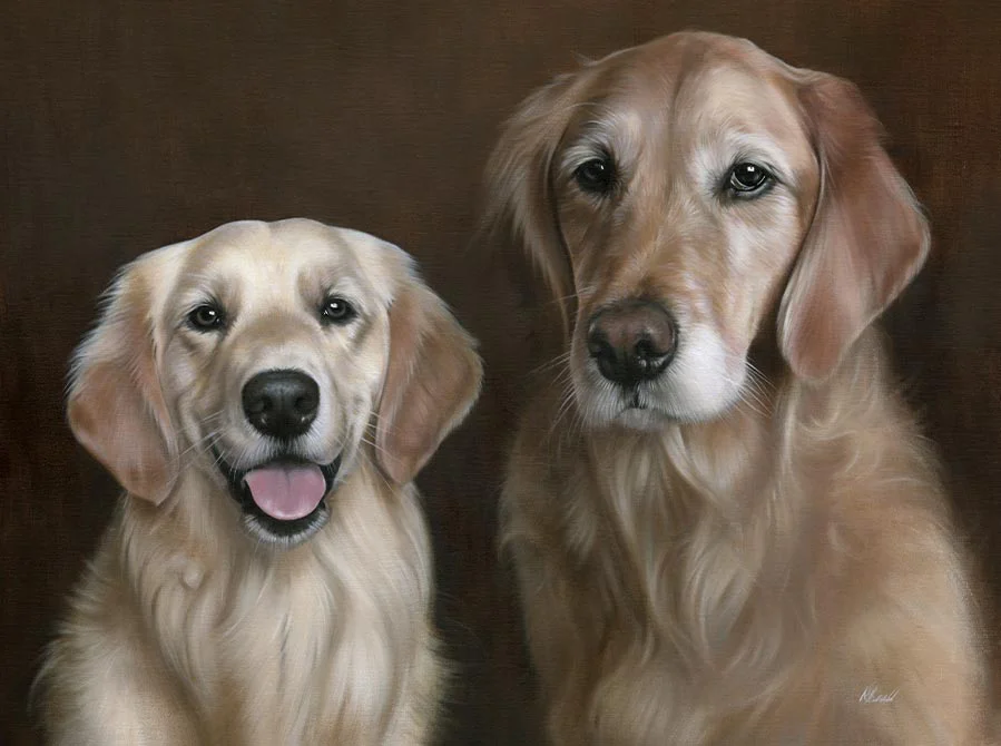 Oil painting of Charlie and Eliot, two friendly Golden Retriever dogs, by Nicholas Beall.