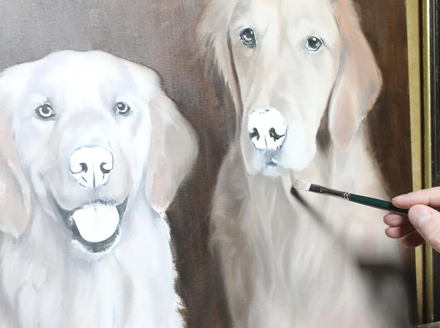 Work in Progress – Golden Retriever Oil Painting Work in progress on the Golden Retriever oil painting, showing developing details.