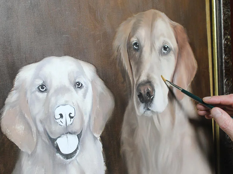 Golden Retriever Oil Portrait – Developing Layers Golden Retriever oil portrait showing developing layers and refined features.