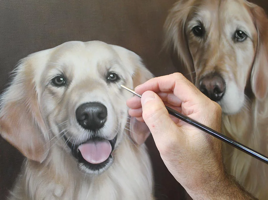 Oil Painting of Golden Retrievers – Almost Complete Oil painting of Golden Retrievers, almost complete, showing refined details.