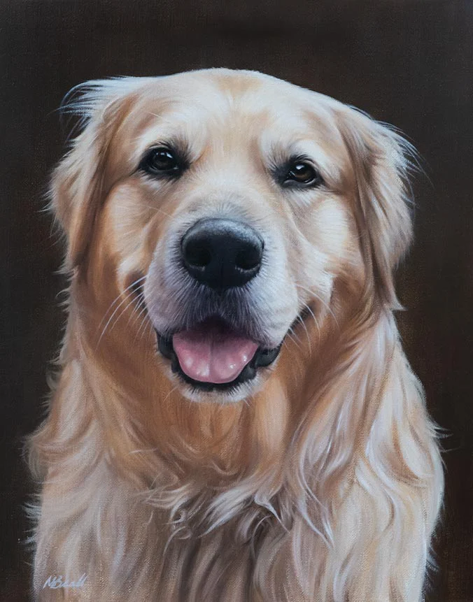 Oil painting of H, a majestic Golden Retriever, with a vibrant coat, by Nicholas Beall.