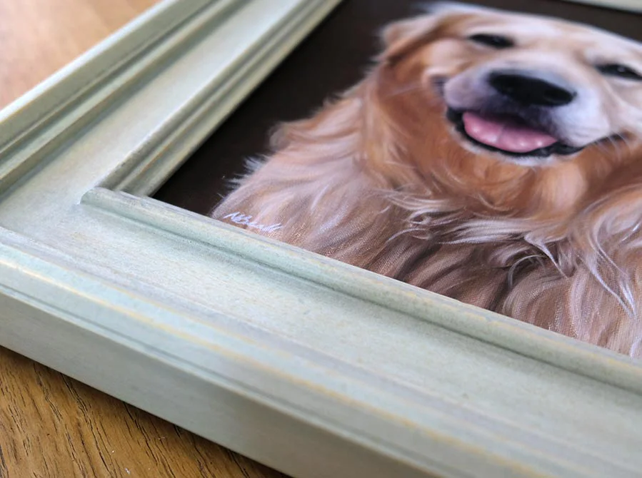 Golden Retriever Portrait in Frame – Display View Golden Retriever portrait of H in its frame, shown in a display view.