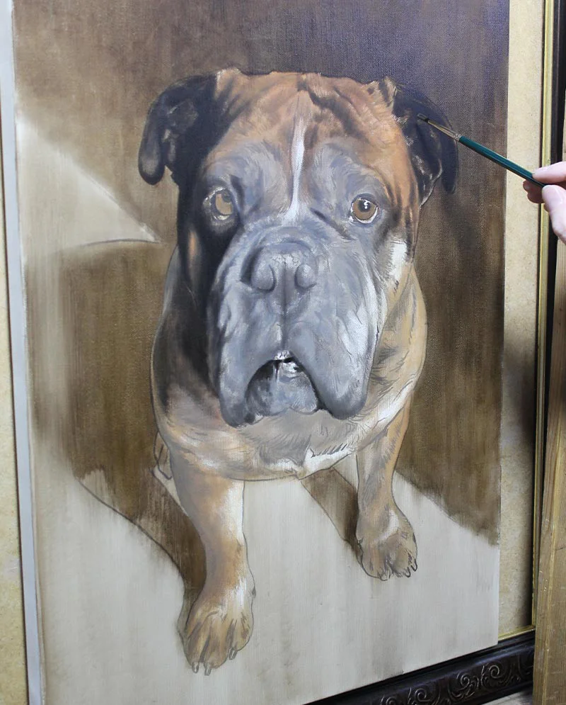 Oil Portrait Progress Close-Up Close-up of Boomer’s oil portrait showing painting progress.