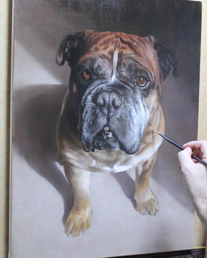 Dog Portrait in Client’s Home Boomer’s dog portrait framed and displayed in a home setting.