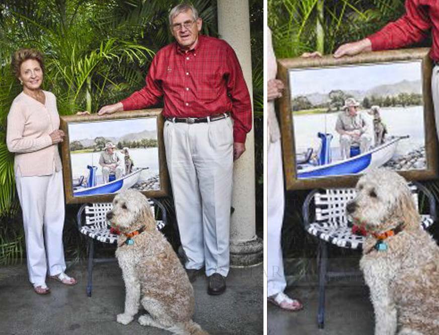 Henry, wife and Daisy with the pet portraits framed 