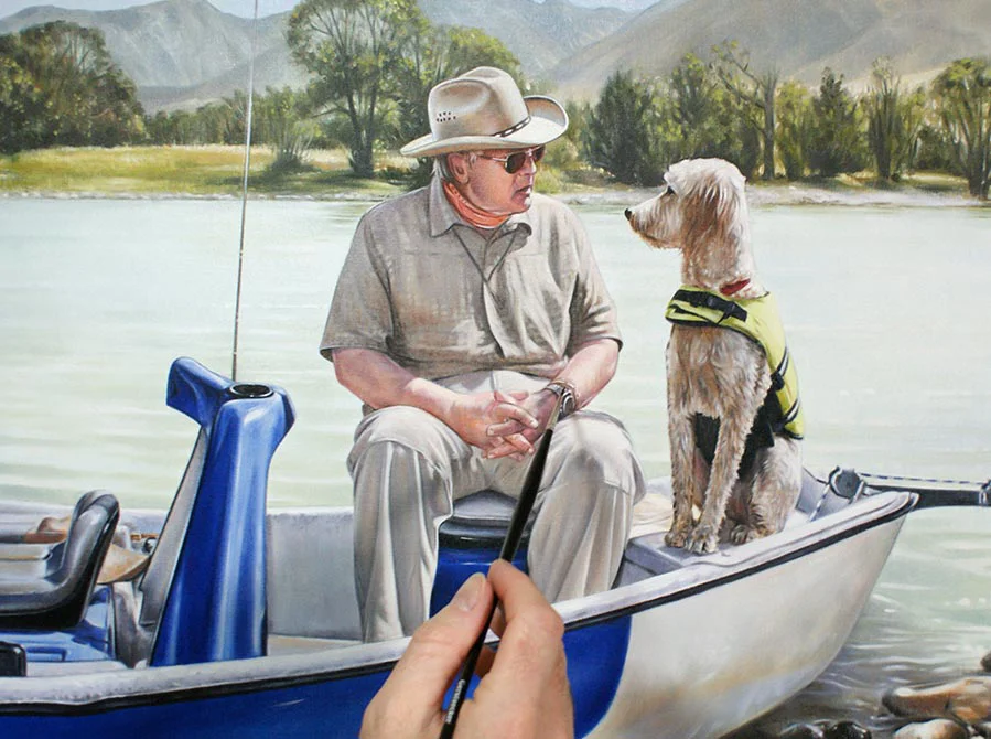 Fine Detail of Dog and Man in Boat