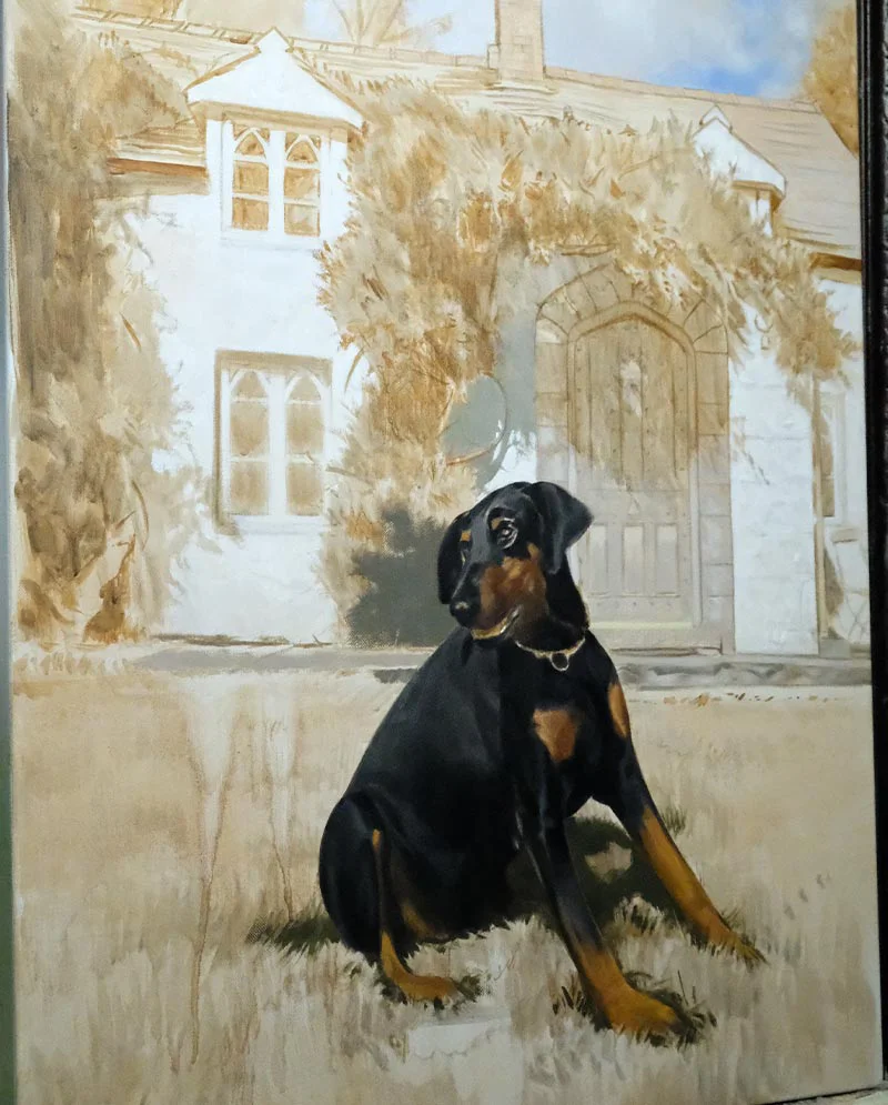 Work in Progress - Dog Portrait in Front of Cottage Work in progress: An oil painting by Nicholas Beall showing a Doberman portrait being developed in front of a cottage entrance with wisteria.