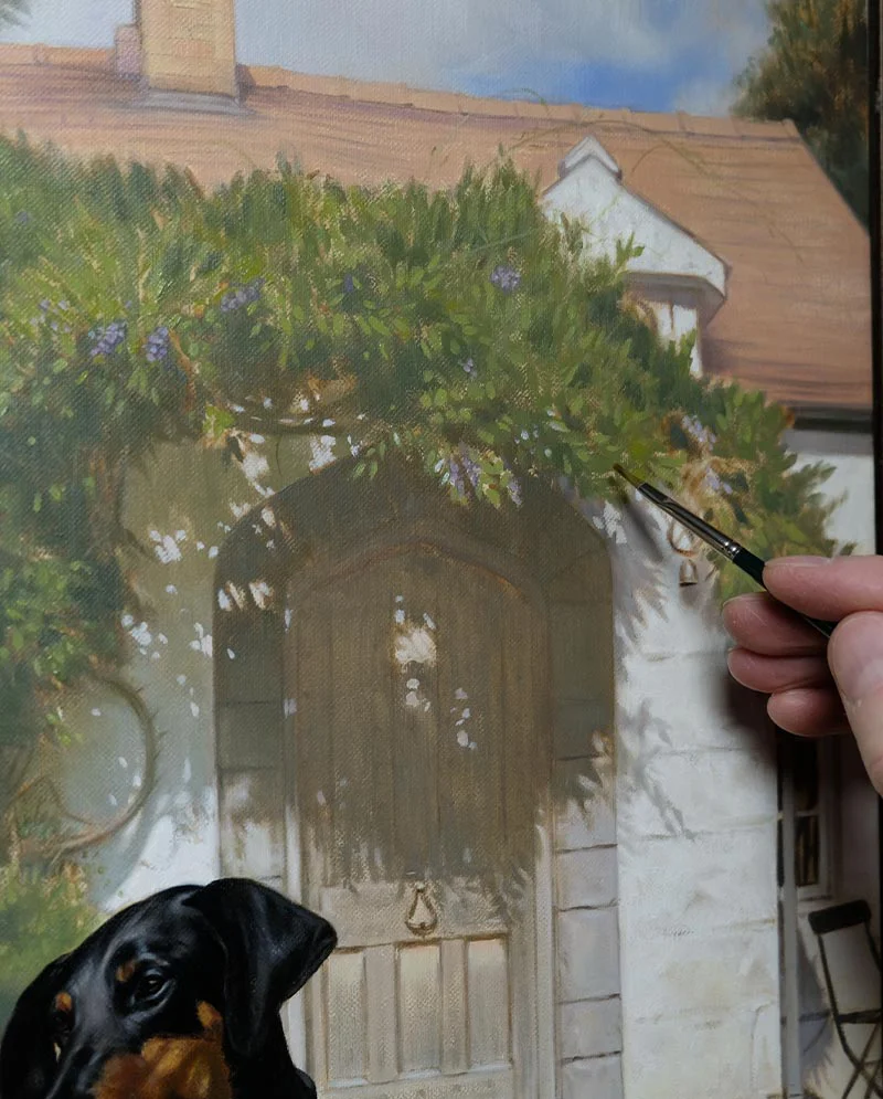 Oil Painting in Progress - Dog Portrait Outdoors An oil painting of Stella the Doberman in progress, mounted on an easel outdoors, showcasing the artist's natural light work.
