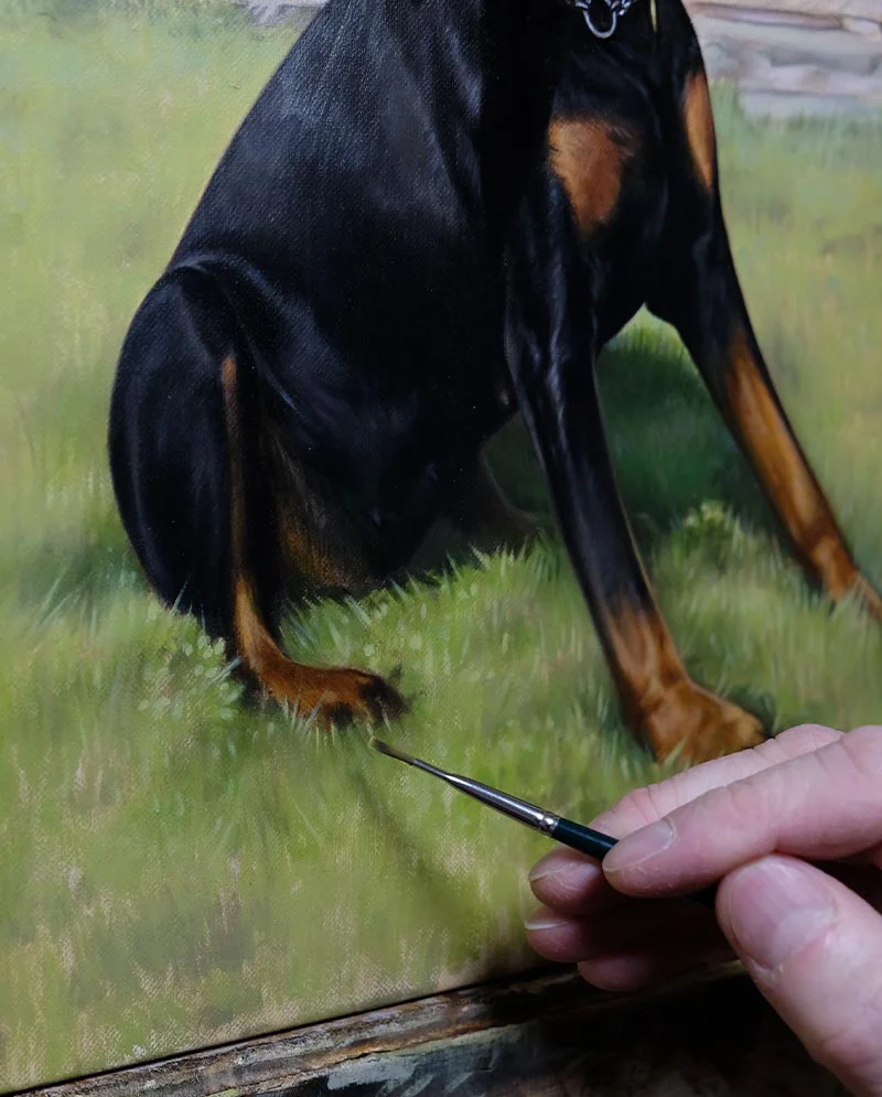 Detail View - Dog Painting in Progress A close-up detail view of the oil painting of Stella, showing the brushwork and texture of the dog's fur and the surrounding garden elements.