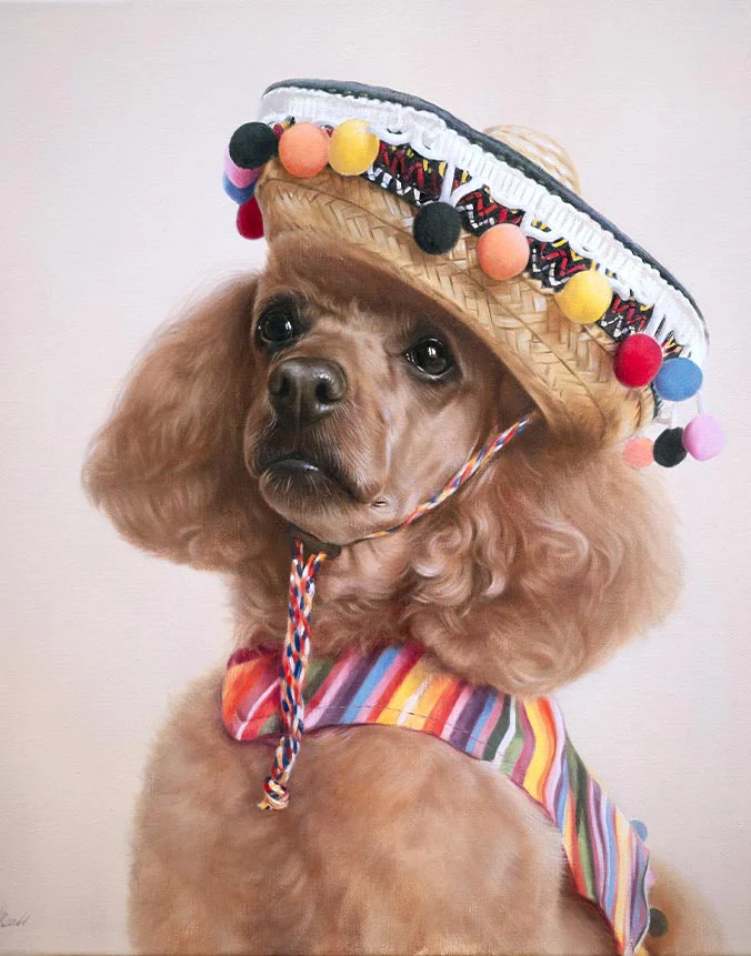 Oil painting of Lucy, an elegant Poodle dog, by Nicholas Beall.