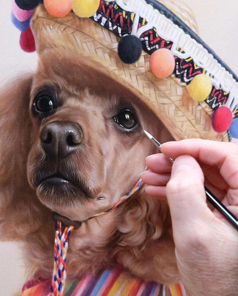 Close-up of Poodle Oil Portrait with Hat detail Close-up detail of a Poodle oil portrait, highlighting fur texture and a small hat