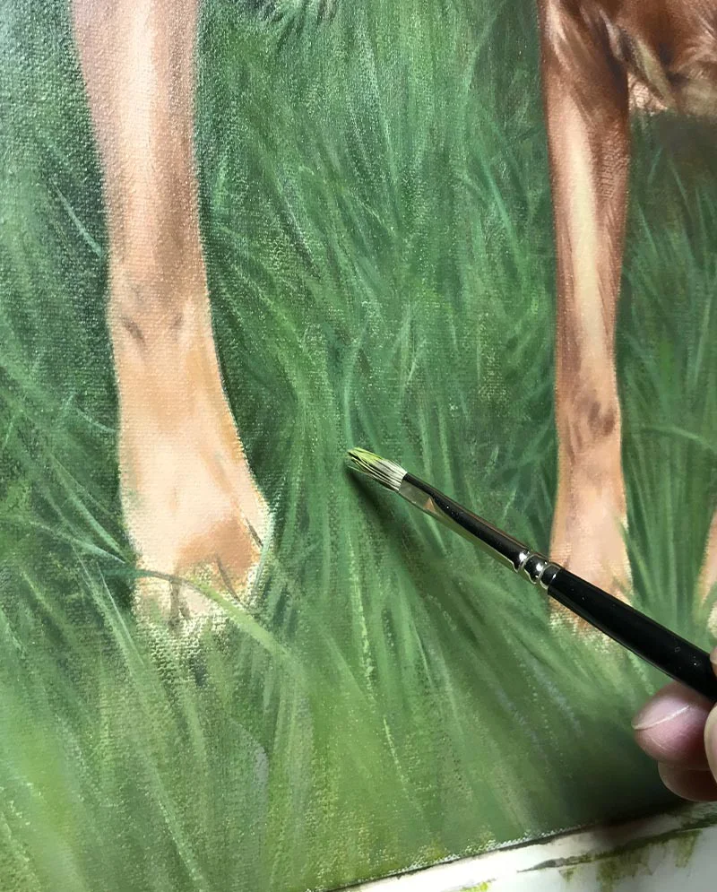 Close-Up Work in Progress – Rhodesian Ridgeback Dogs, showing fine work Close-up work in progress shot of the Rhodesian Ridgeback dogs' oil portrait