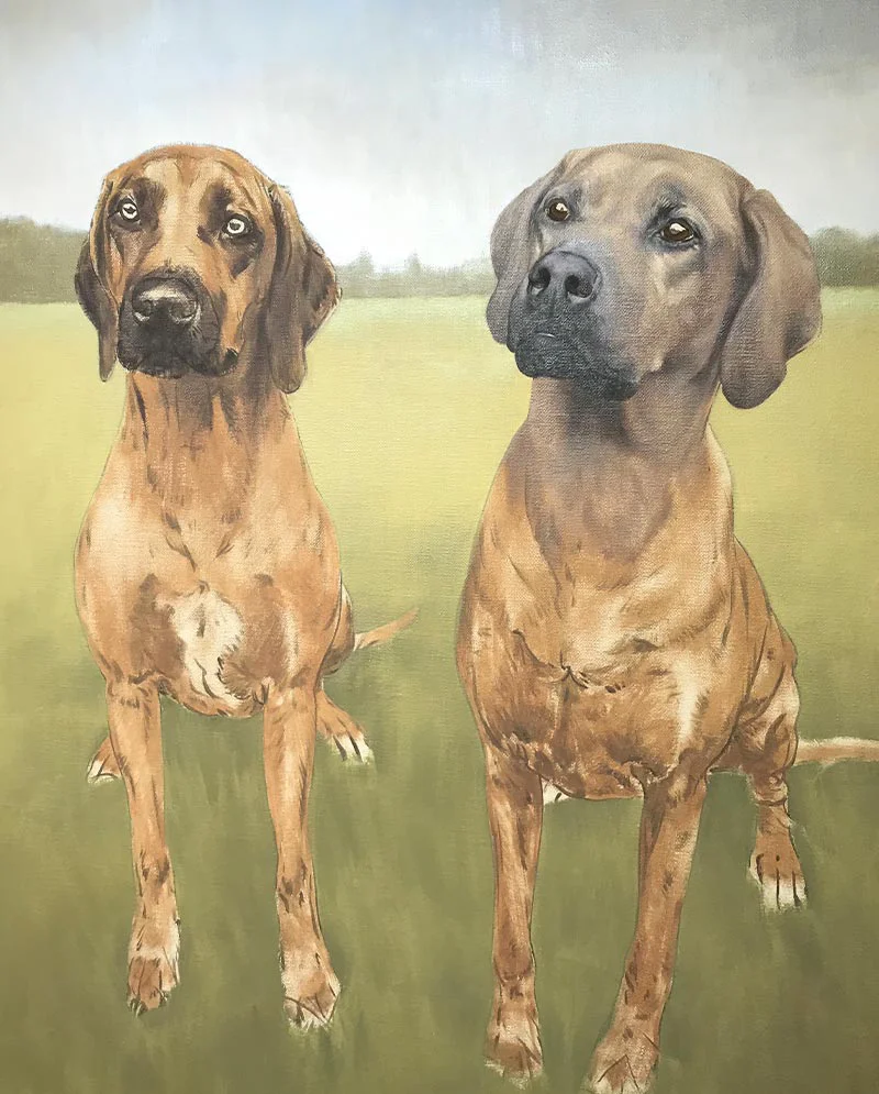 Building Detail in Rhodesian Ridgeback Painting, adding realism Artist building detail in the Rhodesian Ridgeback painting, focusing on fur and features