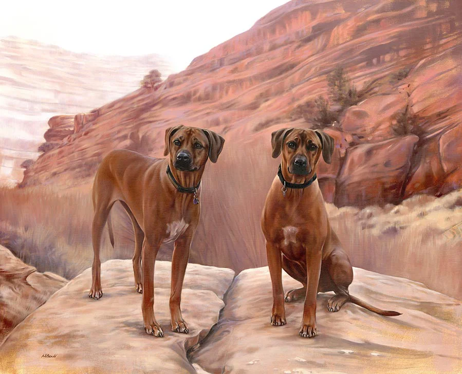 Completed Rhodesian Ridgeback Oil Portrait of Manu and Haka Full view of the finished Rhodesian Ridgeback oil portrait of Manu and Haka in a landscape