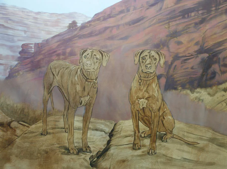 Rhodesian Ridgeback Portrait – Scenic Background Detail, emerging Rhodesian Ridgeback portrait with detailed scenic background in progress