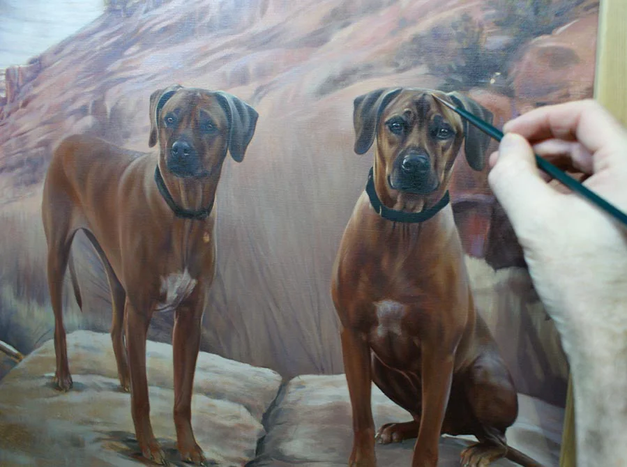 Oil Painting of Two Rhodesian Ridgebacks – Background Complete, ready for dogs Oil painting of two Rhodesian Ridgebacks with the background completed